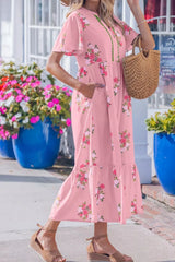 Notched Neck Flutter Short Sleeve Floral Print Dress