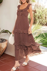 Polka Dot Print Backless Ruffled Tiered Maxi Dress