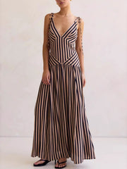 Striped V-Neck Tie-Shoulder Maxi Dress