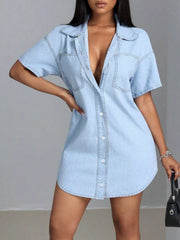 Button-Down Short Sleeve Denim Dress