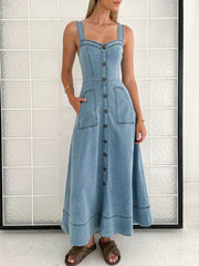 Decor Button Front A-Line Denim Dress