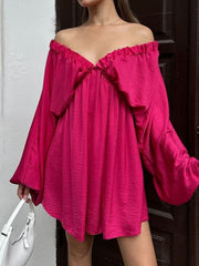 Deep V-Neck Balloon Sleeve Dress