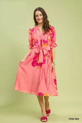Umgee Floral Flounce Sleeve Midi Dress with Belted