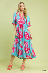 Umgee Floral Print Midi Dress with Contrast Trim