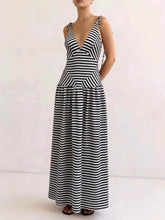 Striped V-Neck Tie-Shoulder Maxi Dress
