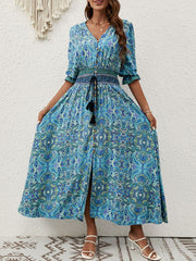 Paisley Print Half Sleeve Slit Midi Dress
