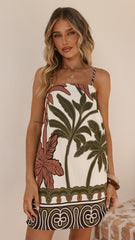 Bethani Mini Dress - Green/Beige Palm