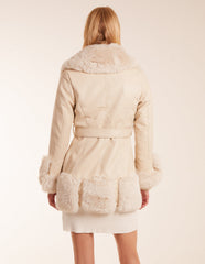 Faux Fur Collar PU Belted Coat