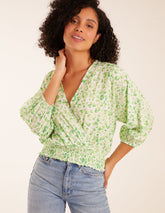 Leopard Print Elasticated Sleeve Wrap Front Elastic Hem Top