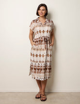 Drawstring Printed Midi Shirt Dress