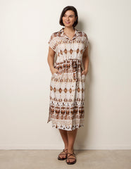 Drawstring Printed Midi Shirt Dress