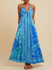 Bohemian Floral Print Halter Maxi Dress