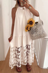 Hollowed Floral Lace Hem Patchwork Loose Halter Summer Dress