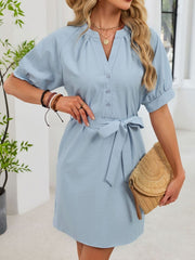 Notched Short Sleeve Tie Waist Dress