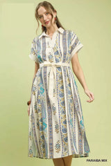 Umgee Vertical Print Tie Waist Midi Dress