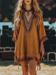 Fringe Hem 3/4 Sleeve Mini Dress