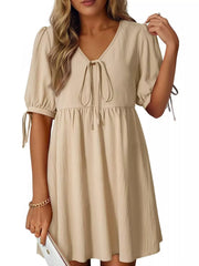 Tie-Neck Puff Sleeve A-Line Mini Dress