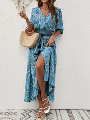 Paisley Print Half Sleeve Slit Midi Dress