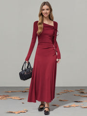 Flower Asymmetrical Neckline Long Sleeve Dress