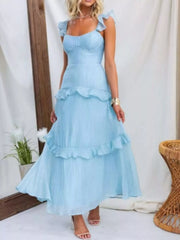 Ruffled Lace Up Back Maxi Dress