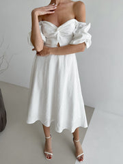 Twisted Front Puff Sleeve Midi Dress