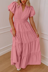 Elegant Ruffled Tiered Puff Sleeve Maxi Dress