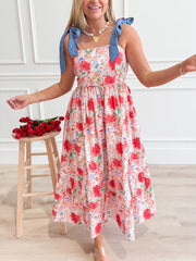Floral Print Tie-Shoulder Midi Dress