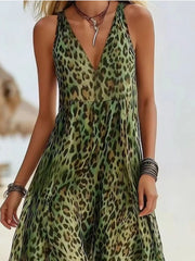 Leopard Print V-Neck Midi Dress