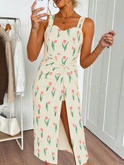 Tulip Print Twist Front Slit Cami Dress
