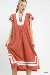 Umgee Linen Cotton Contrast Neckline Midi Dress