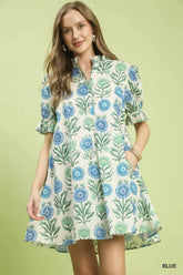Umgee Floral Puff Sleeve Babydoll Dress with Side Pockets