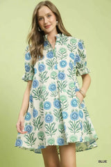 Umgee Floral Puff Sleeve Babydoll Dress with Side Pockets