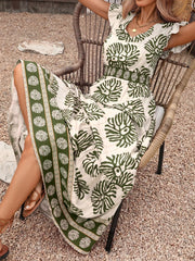 Printed V-Neck Cap Sleeve Maxi Dress