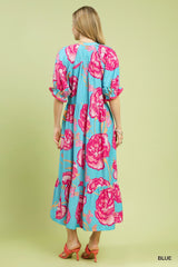 Umgee Floral Print Midi Dress with Contrast Trim