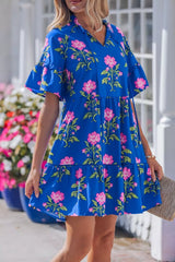V Neck Short Sleeve Loose Flower Dress