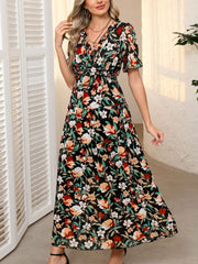 Floral Print Frilled V Neck Short Sleeve Maxi Dress