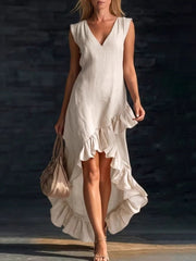 Sleeveless V-Neck Ruffle Hem High-Low Dress
