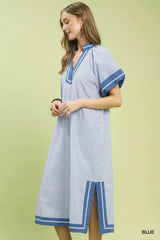 Umgee Pinstripe Contrast Trim Midi Dress