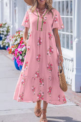 Notched Neck Flutter Short Sleeve Floral Print Dress
