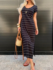 Slit Casual Striped Midi T-Shirt Dress
