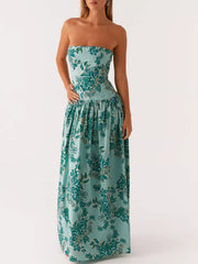 Ruched Printed Tube Maxi Dress