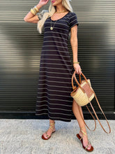 Slit Casual Striped Midi T-Shirt Dress