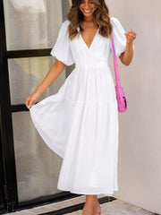 V-Neck Puff Sleeve Midi Dress