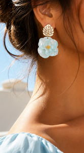 Faya Tropical Leaf Flower Drop Earrings - Blue