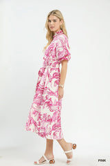 Umgee Abstract Print Smocked Tie Waist Midi Dress
