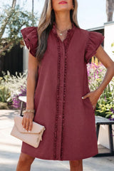 Frilled Detail Button Down Ruffle Short Sleeve Denim Mini Dress