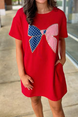 Sequin Trim Stars and Stripes Bow Patched T Shirt Mini Dress