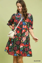 Umgee Floral Tiered Puff Sleeve Dress
