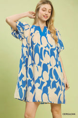 Umgee Abstract Print Puff Sleeve Shift Dress