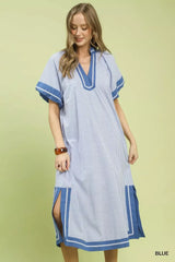 Umgee Pinstripe Contrast Trim Midi Dress